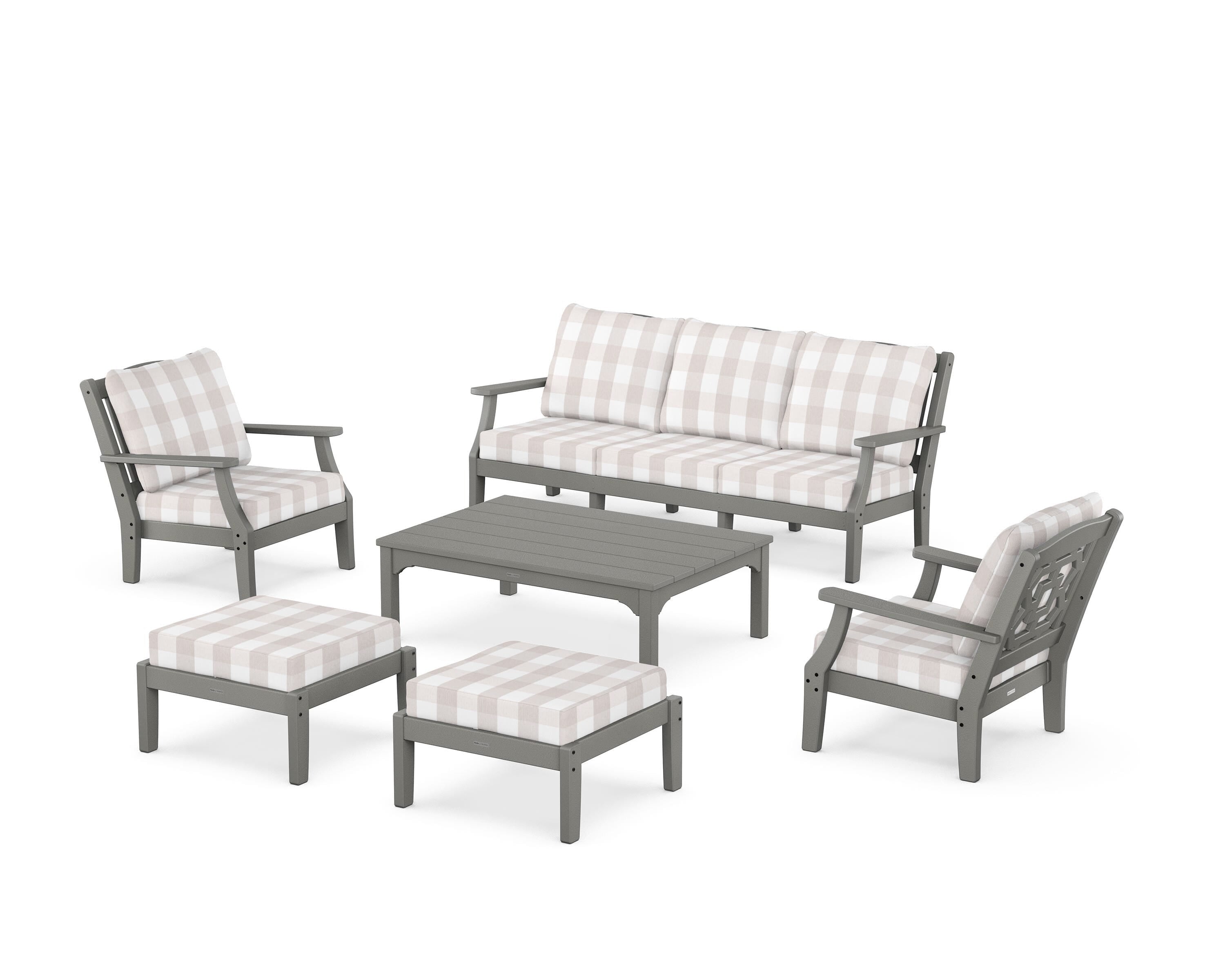 Martha Stewart by POLYWOOD® Chinoiserie 6-Piece Lounge Sofa Set in Slate Grey / Buffalo Plaid Dune Burlap