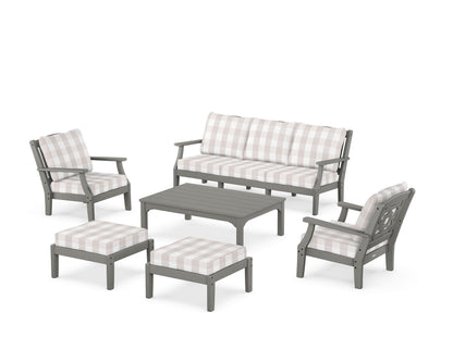 Martha Stewart by POLYWOOD® Chinoiserie 6-Piece Lounge Sofa Set in Slate Grey / Buffalo Plaid Dune Burlap