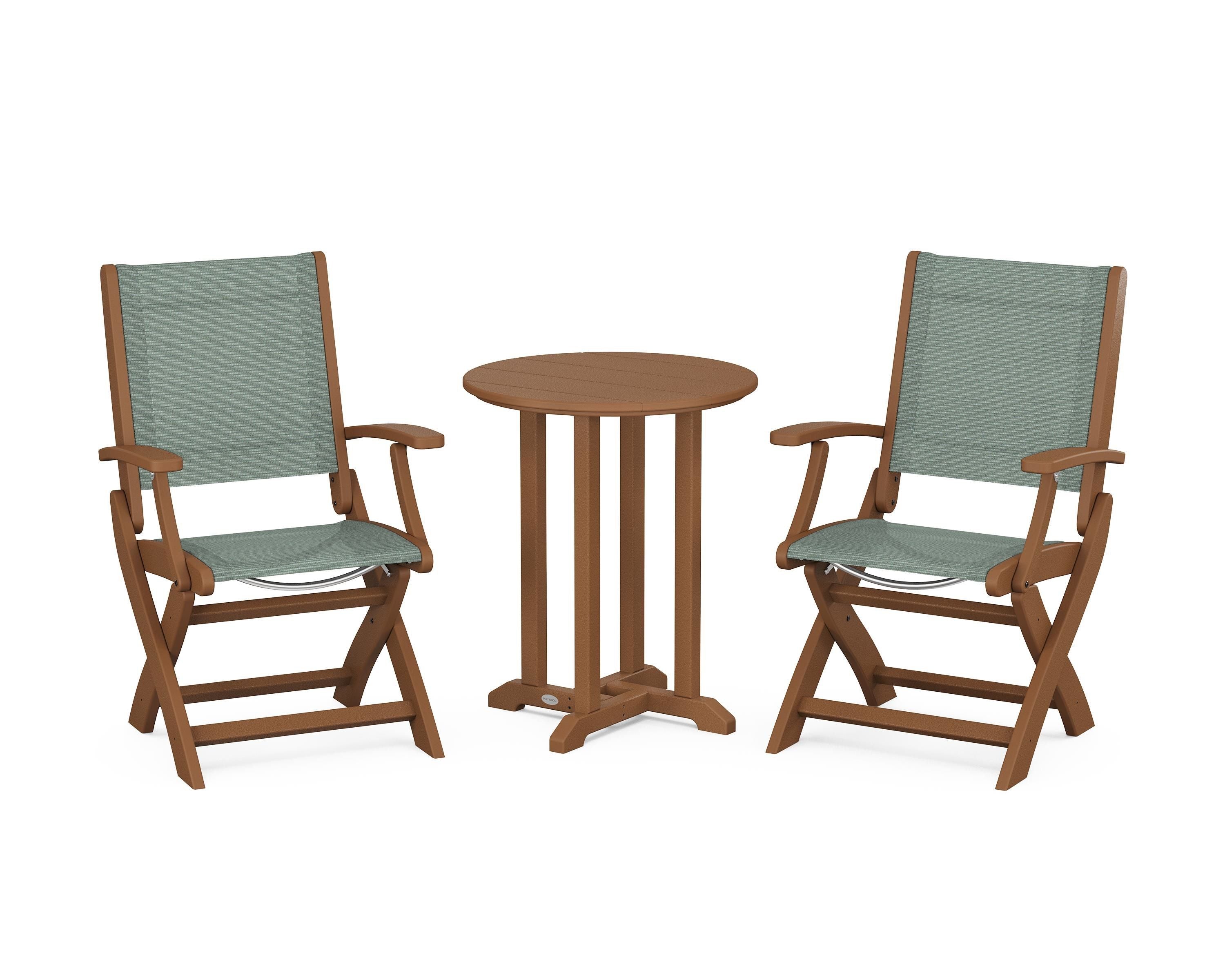 POLYWOOD® Coastal Folding 3-Piece Round Bistro Dining Set in Teak / Dupioni Sea Mist Sling