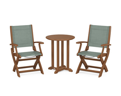 POLYWOOD® Coastal Folding 3-Piece Round Bistro Dining Set in Teak / Dupioni Sea Mist Sling