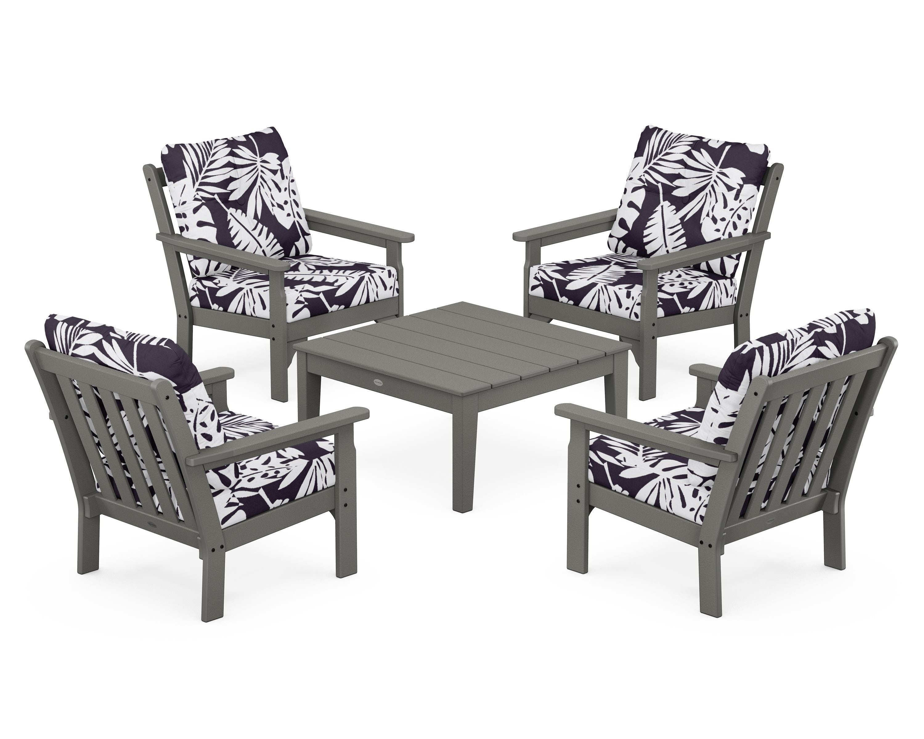 POLYWOOD® Vineyard 5-Piece Deep Seating Conversation Set in Slate Grey / Leaf Navy