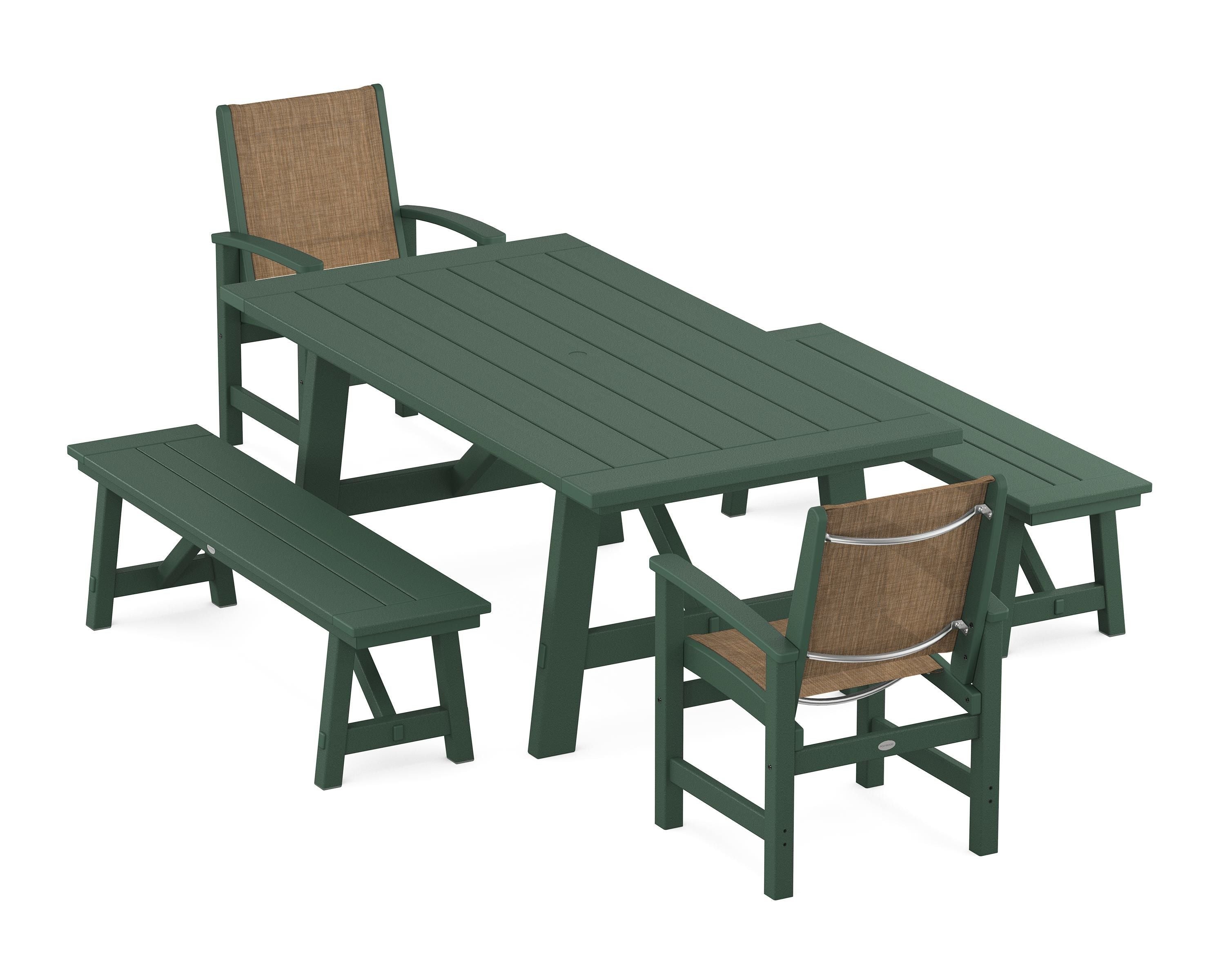POLYWOOD® Coastal 5-Piece Rustic Farmhouse Dining Set With Benches in Green / Burlap Sling