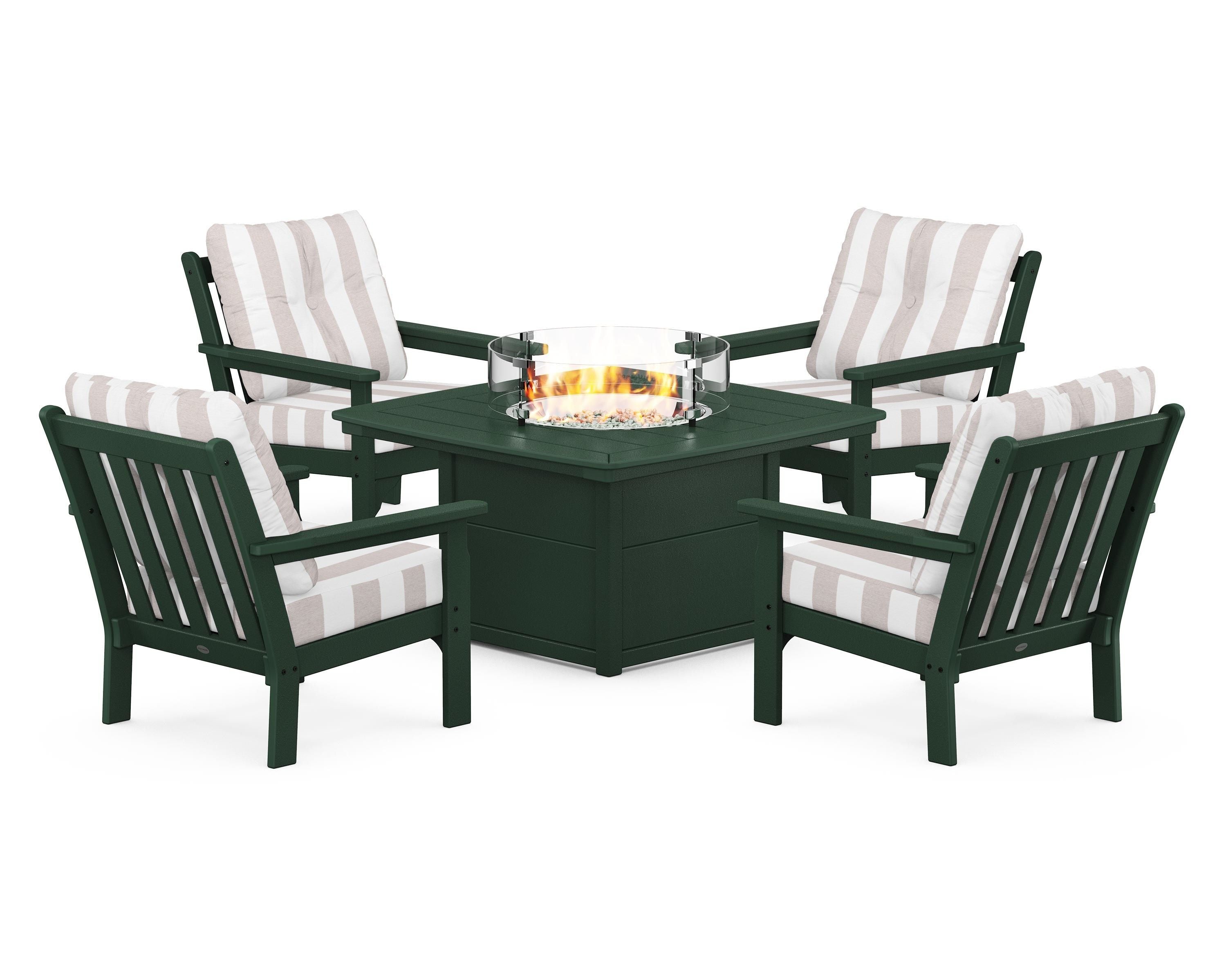 POLYWOOD® Vineyard 5-Piece Conversation Set with Fire Pit Table in Green / Cabana Stripe Dune Burlap