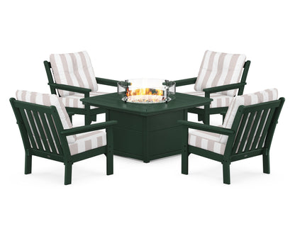 POLYWOOD® Vineyard 5-Piece Conversation Set with Fire Pit Table in Green / Cabana Stripe Dune Burlap