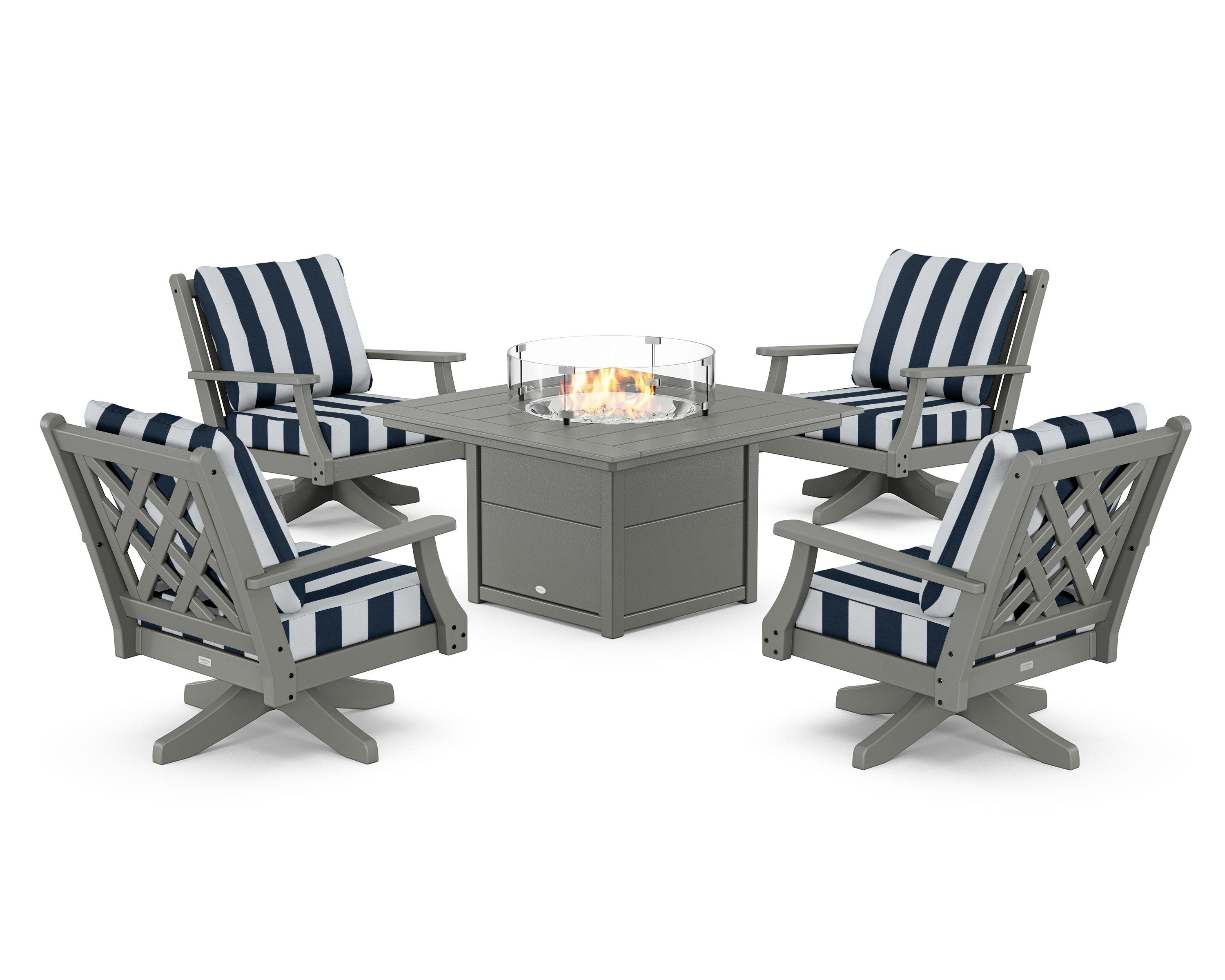 Country Living Wovendale 5-Piece Deep Seating Swivel Conversation Set with Fire Pit Table in Slate Grey / Cabana Stripe Marine Indigo