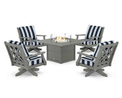 Country Living Wovendale 5-Piece Deep Seating Swivel Conversation Set with Fire Pit Table in Slate Grey / Cabana Stripe Marine Indigo
