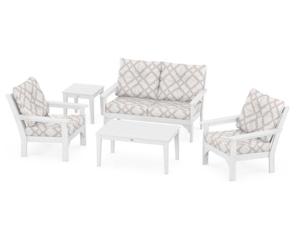 POLYWOOD® Vineyard 5-Piece Deep Seating Set in White / Trellis Dune Burlap