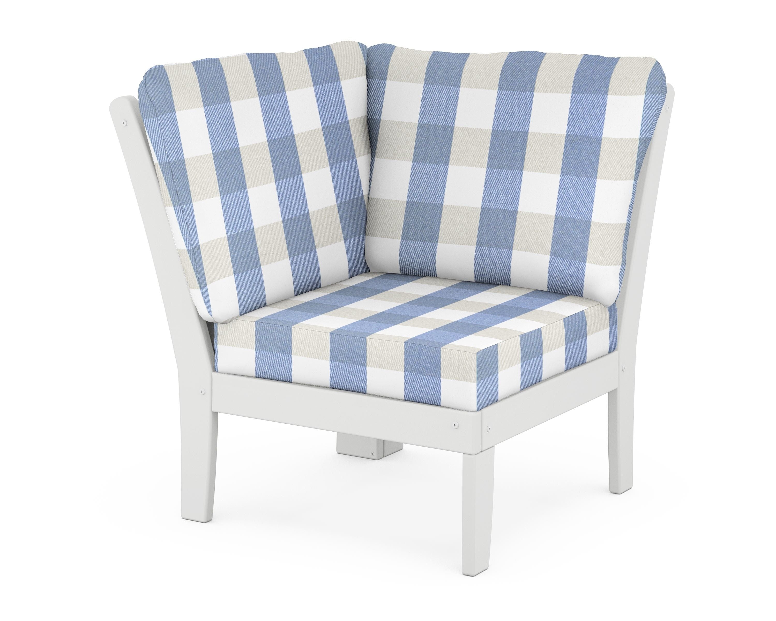 POLYWOOD® Braxton Modular Corner Chair in White / Buffalo Plaid Sky Blue