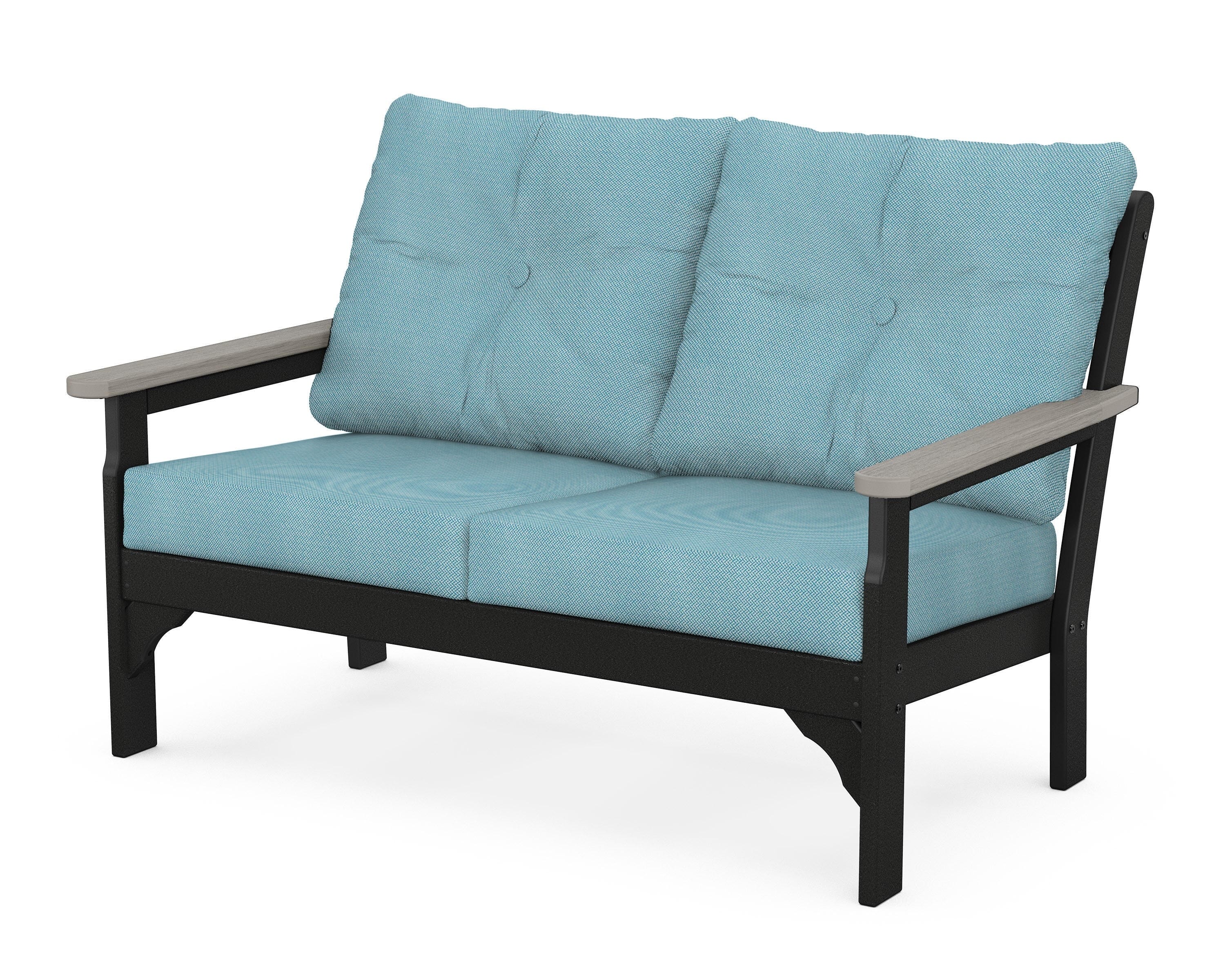 POLYWOOD® Vineyard Deep Seating Loveseat in Black / Driftwood / Lattice Sky Blue