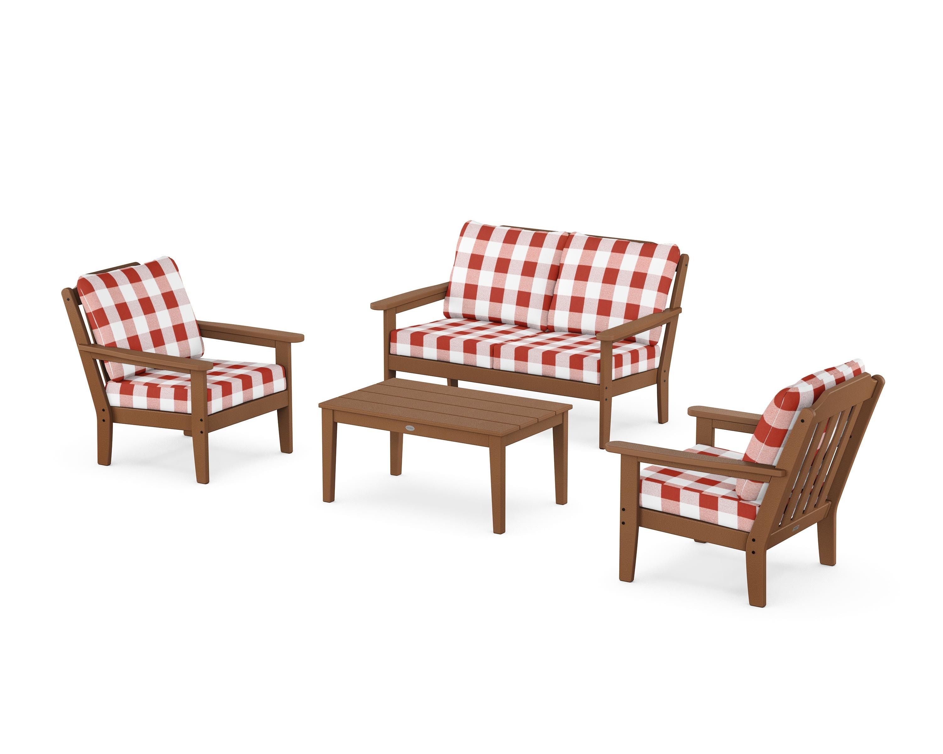 Country Living Cottage 4-Piece Deep Seating Set with Loveseat in Teak / Buffalo Plaid Crimson