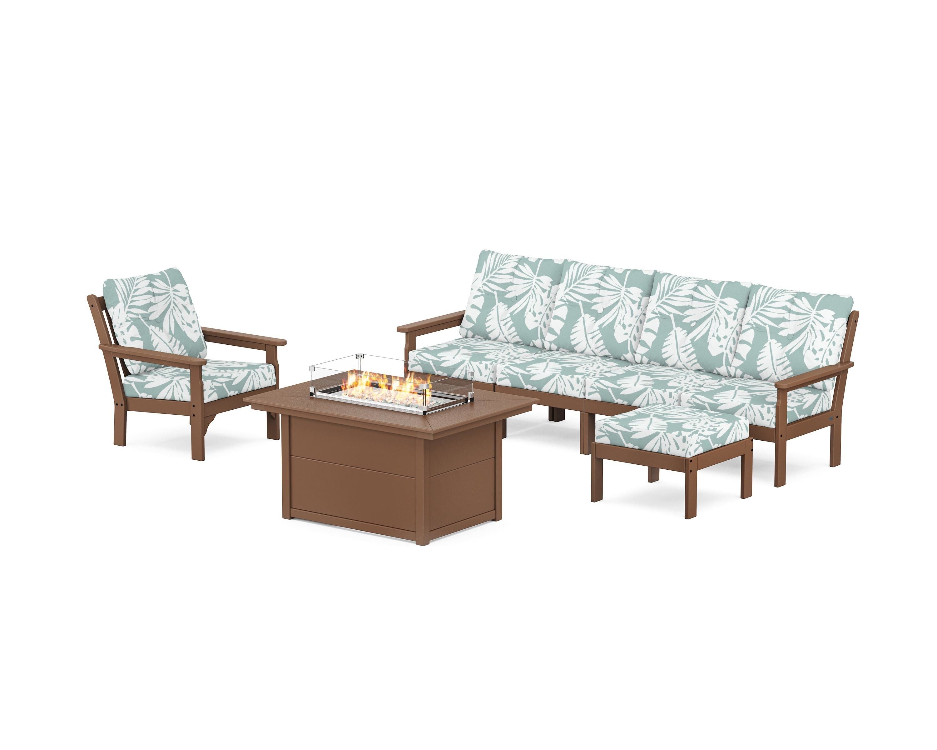 POLYWOOD® Vineyard Sectional Lounge and Fire Pit Set in Teak / Leaf Glacier Spa