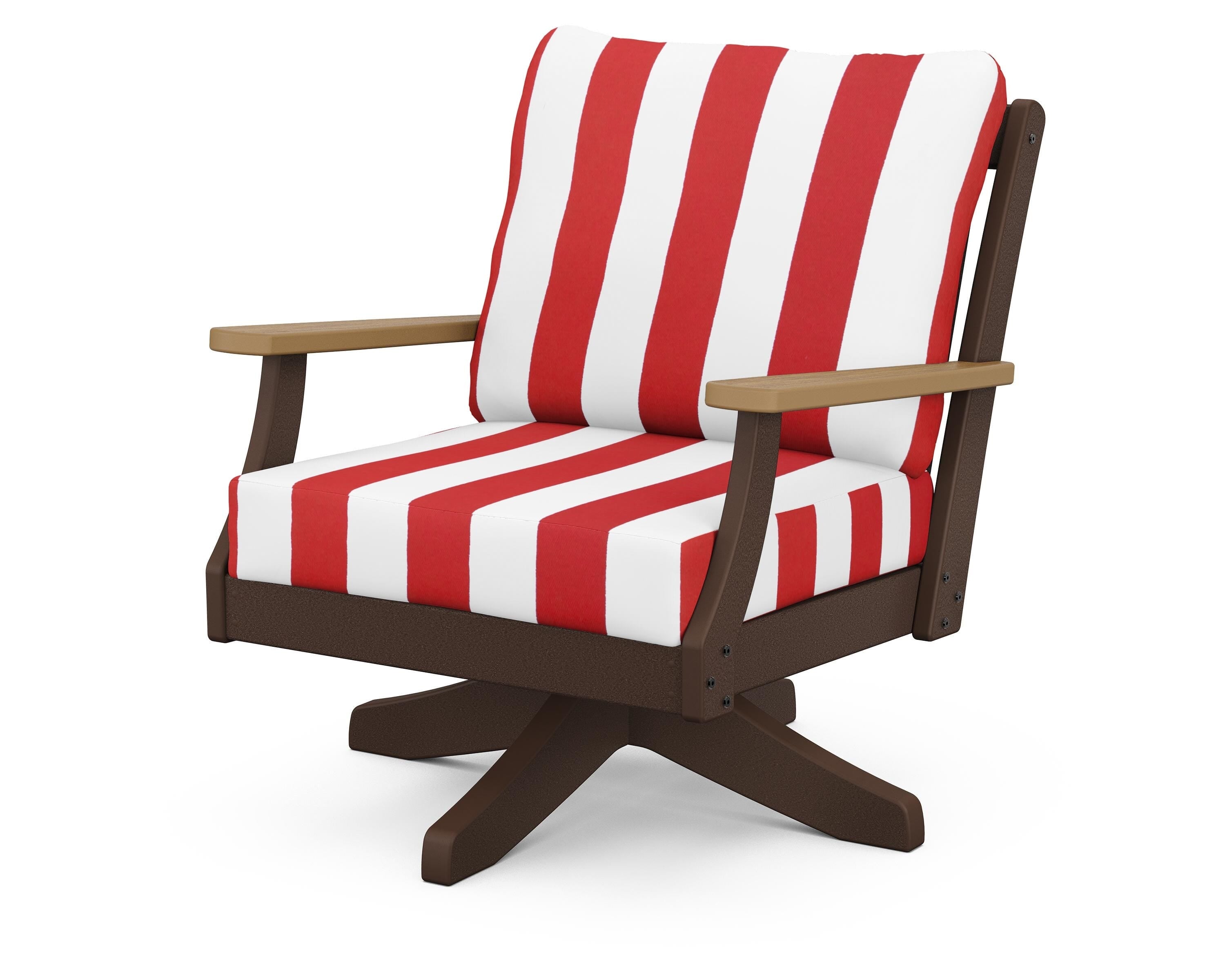 POLYWOOD® Braxton Deep Seating Swivel Chair in Mahogany / Natural / Cabana Stripe Crimson