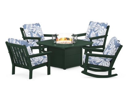 POLYWOOD® Vineyard 5-Piece Deep Seating Rocking Chair Conversation Set with Fire Pit Table in Green / Leaf Sky Blue