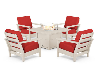 POLYWOOD® Harbour 5-Piece Conversation Set with Fire Pit Table in Sand / Crimson Linen