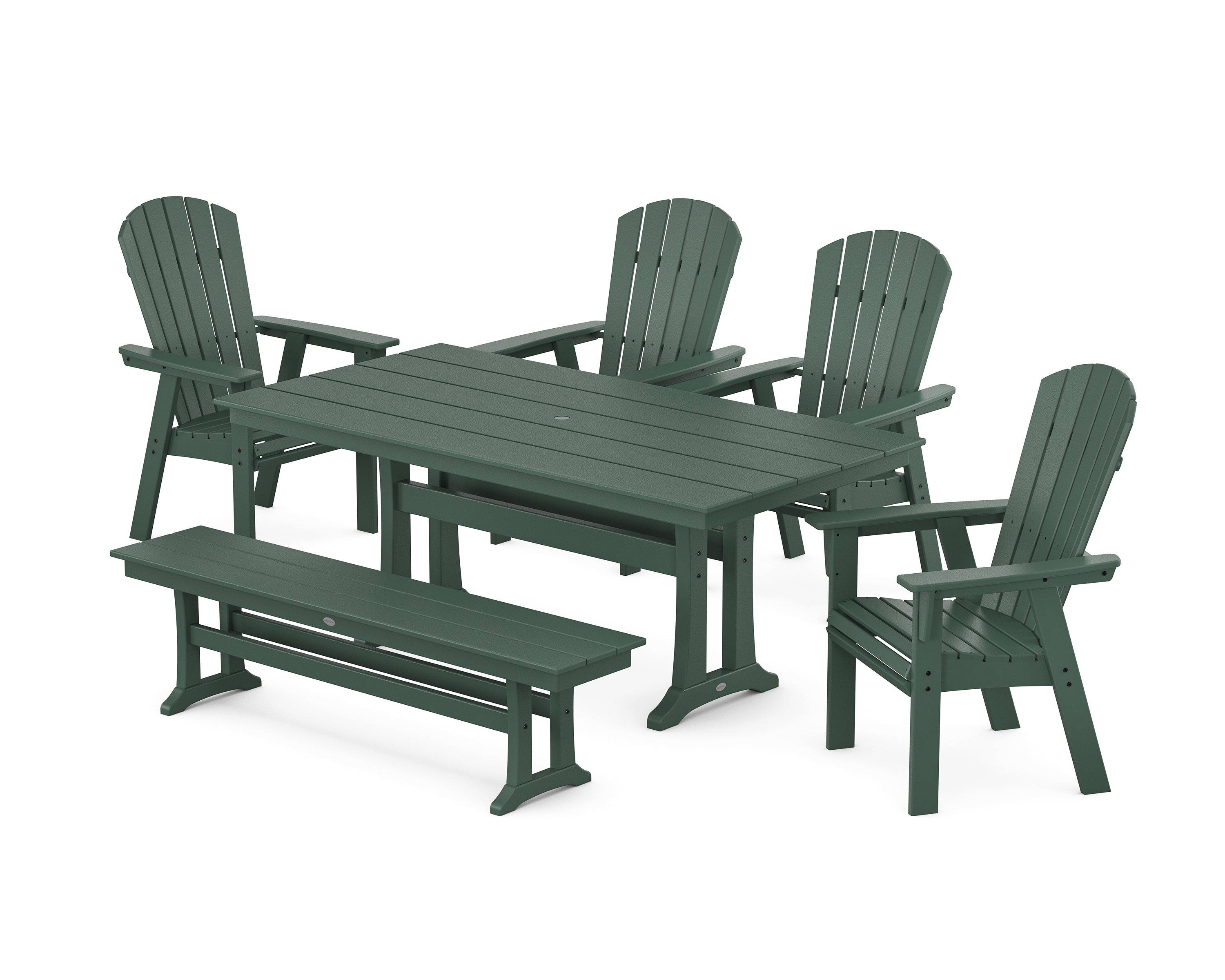 POLYWOOD® Nautical Curveback Adirondack 6-Piece Farmhouse Dining Set with Trestle Legs and Bench in Green