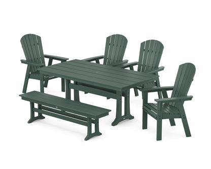 POLYWOOD® Nautical Curveback Adirondack 6-Piece Farmhouse Dining Set with Trestle Legs and Bench in Green