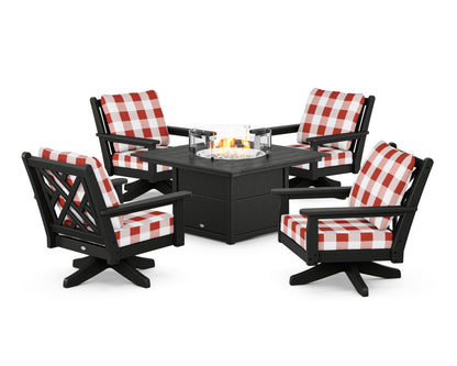 POLYWOOD® Chippendale 5-Piece Deep Seating Swivel Conversation Set with Fire Pit Table in Black / Buffalo Plaid Crimson