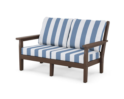 POLYWOOD® Chippendale Deep Seating Loveseat in Mahogany / Cabana Stripe Sky Blue