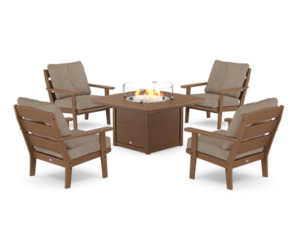 POLYWOOD® Lakeside 5-Piece Deep Seating Set with Nautical Fire Pit Table in Teak / Spiced Burlap