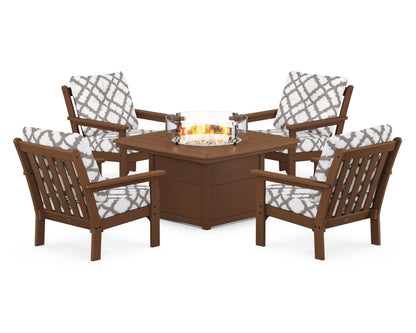 POLYWOOD® Vineyard 5-Piece Conversation Set with Fire Pit Table in Teak / Trellis Grey Mist