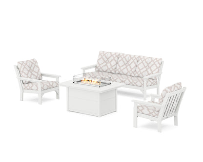 POLYWOOD® Vineyard Deep Seating Fire Pit Table Set in White / Trellis Dune Burlap