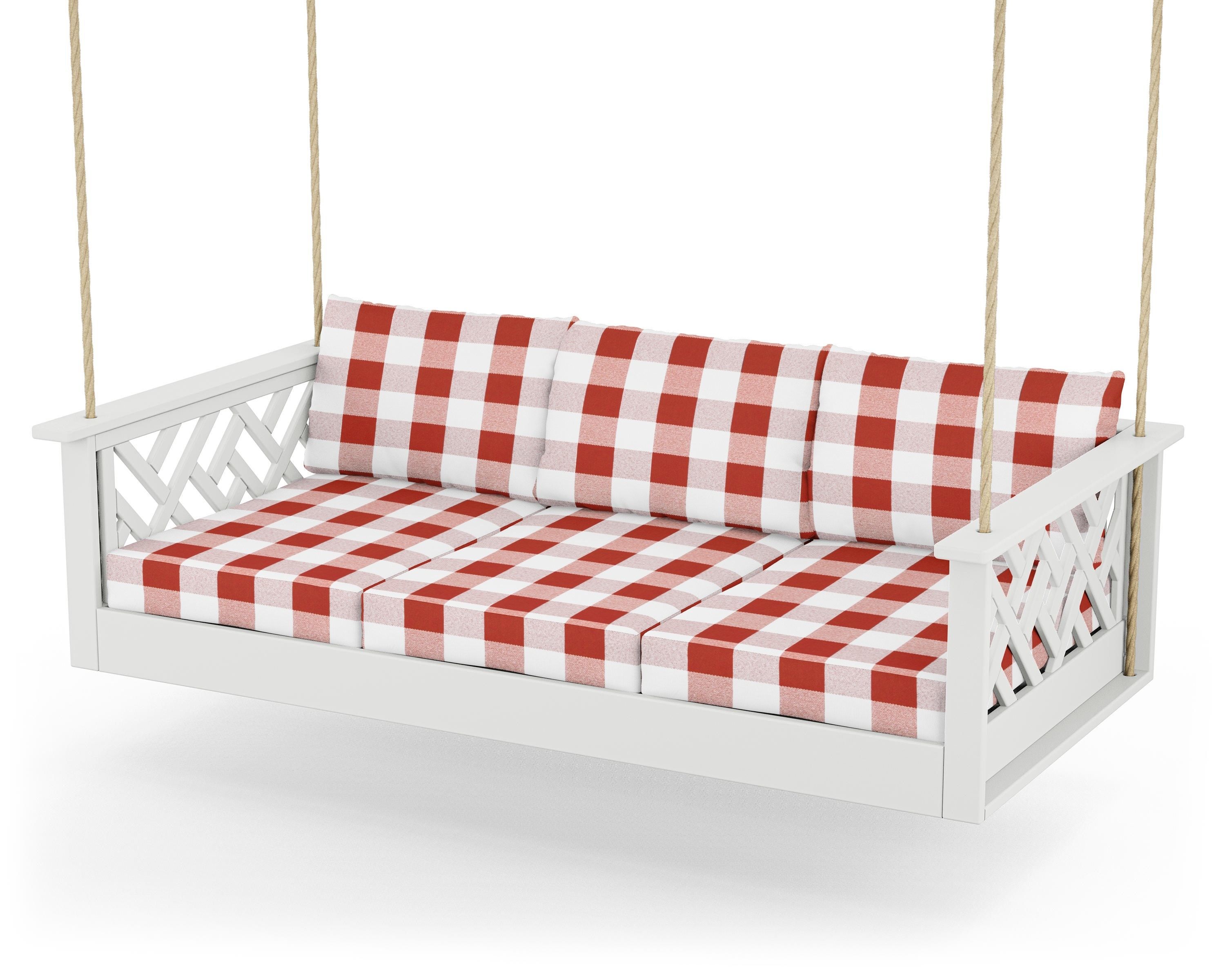 POLYWOOD® Chippendale Daybed Swing in White / Buffalo Plaid Crimson