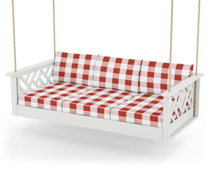 POLYWOOD® Chippendale Daybed Swing in White / Buffalo Plaid Crimson