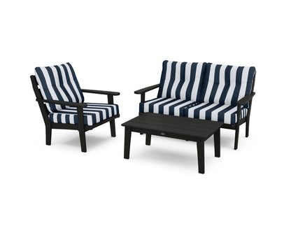 POLYWOOD® Lakeside 3-Piece Deep Seating Set in Black / Cabana Stripe Marine Indigo