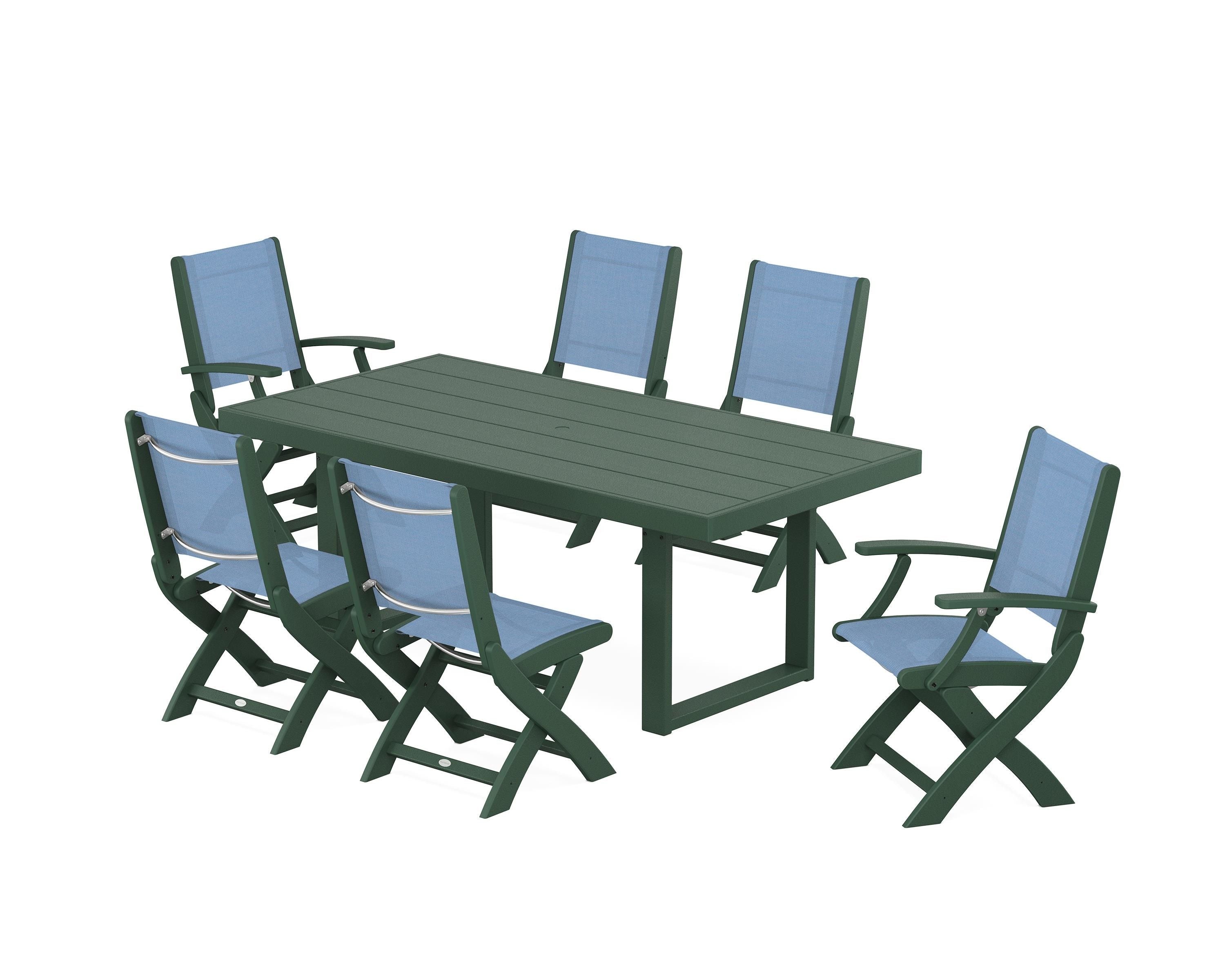 POLYWOOD® Coastal Folding Chair 7-Piece Dining Set with Trestle Legs in Green / Poolside Sling