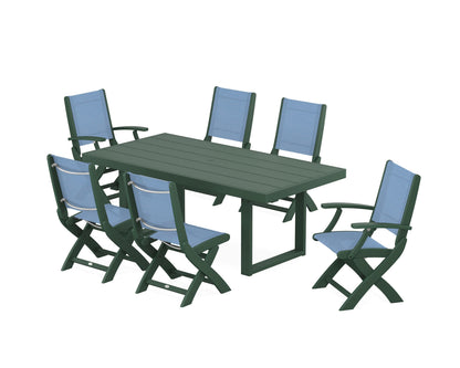 POLYWOOD® Coastal Folding Chair 7-Piece Dining Set with Trestle Legs in Green / Poolside Sling