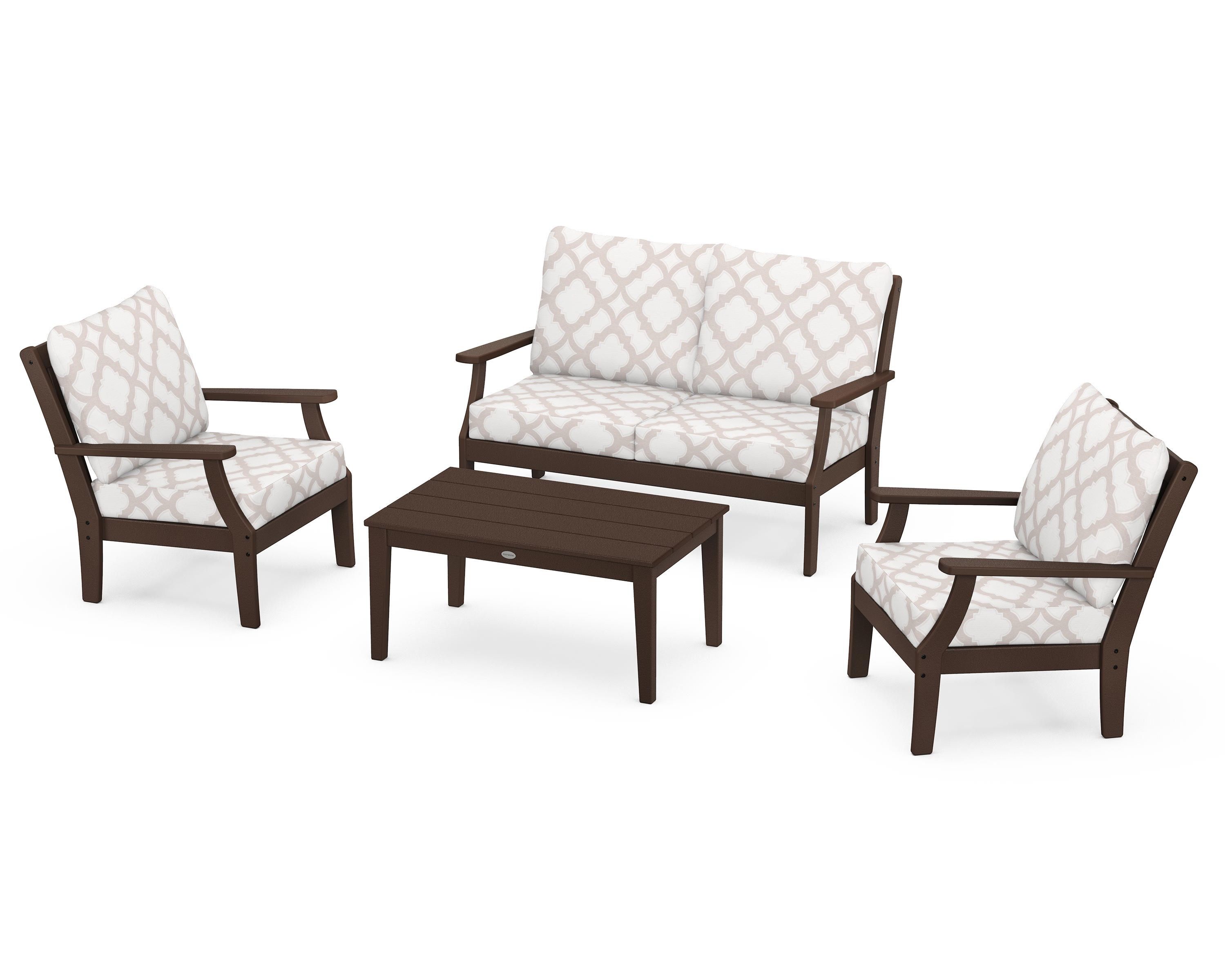 POLYWOOD® Braxton 4-Piece Deep Seating Chair Set in Mahogany / Trellis Dune Burlap