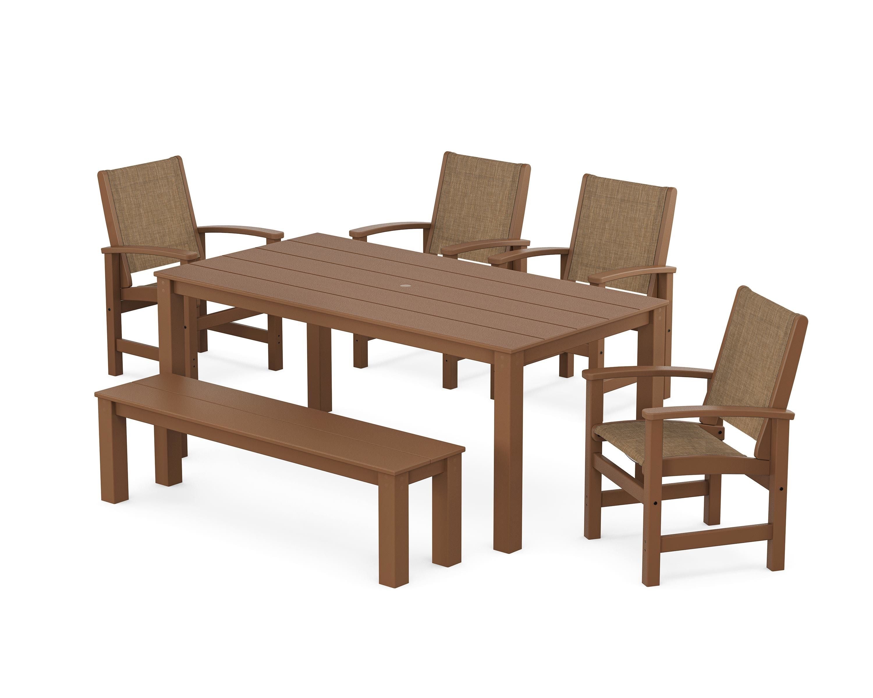 POLYWOOD® Coastal 6-Piece Parsons Dining Set with Bench in Teak / Burlap Sling