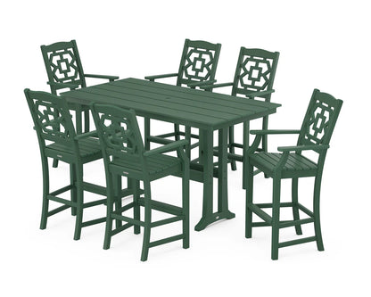 Chinoiserie Arm Chair 7-Piece Farmhouse Bar Set with Trestle Legs