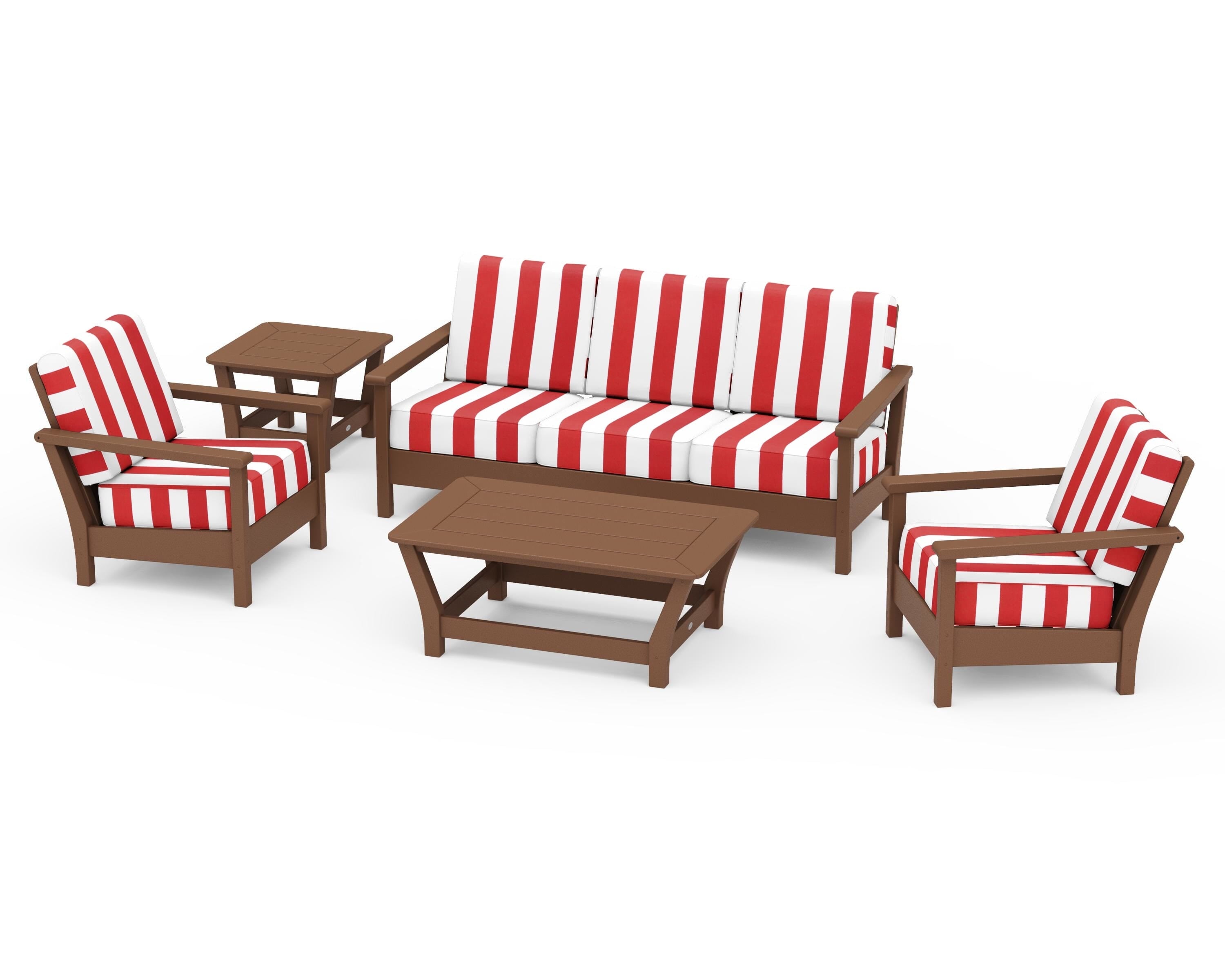 POLYWOOD® Harbour 5-Piece Deep Seating Set in Teak / Cabana Stripe Crimson