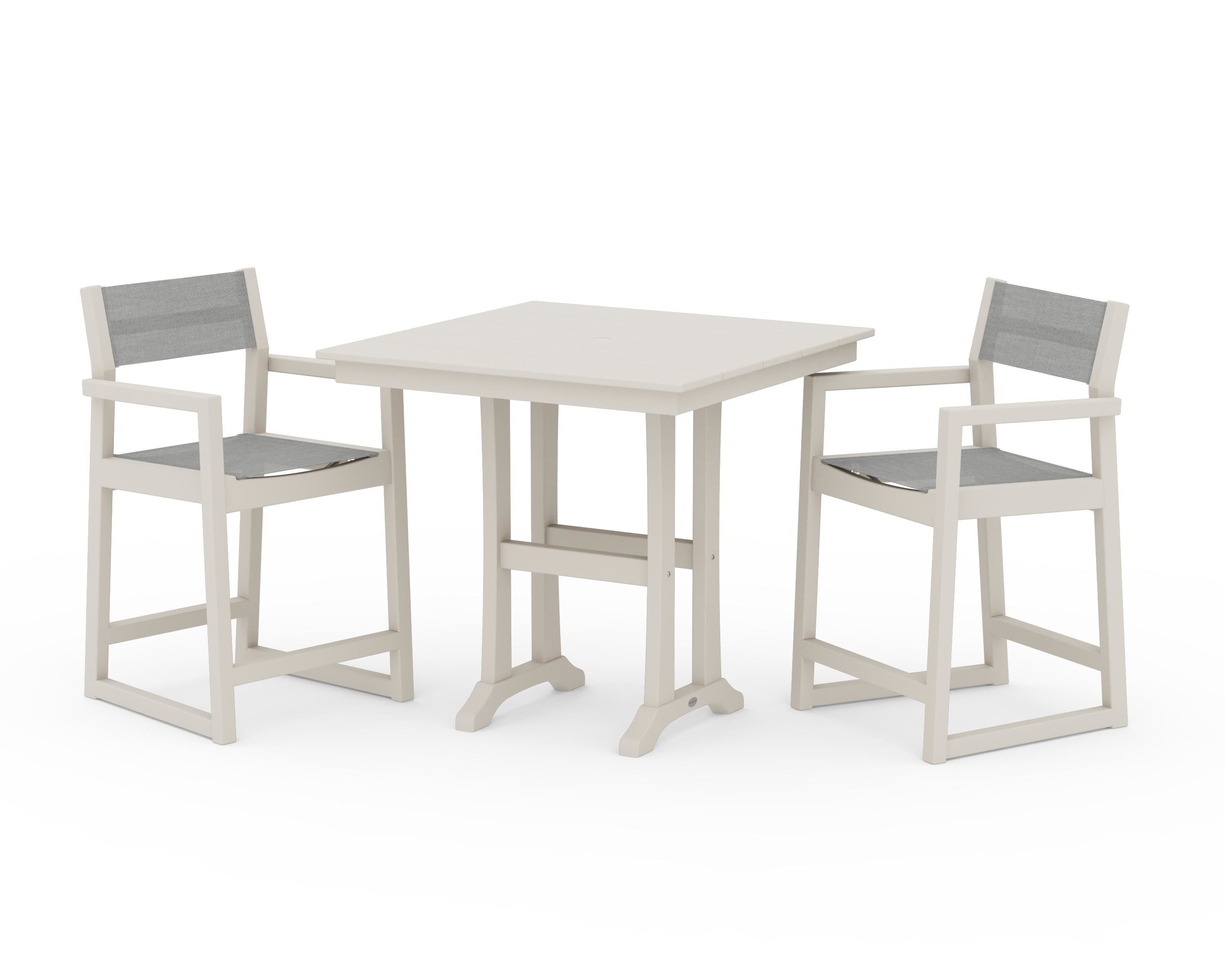 POLYWOOD® EDGE Sling Arm Chair 3-Piece Farmhouse Counter Set with Trestle Legs in Sand / Metallic Sling