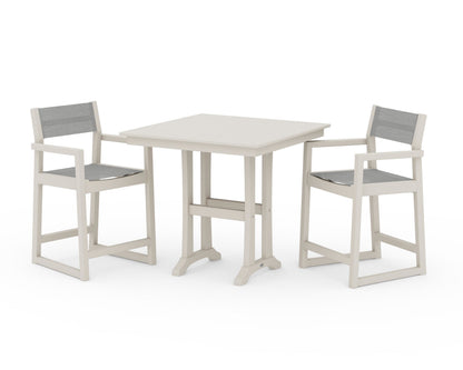 POLYWOOD® EDGE Sling Arm Chair 3-Piece Farmhouse Counter Set with Trestle Legs in Sand / Metallic Sling