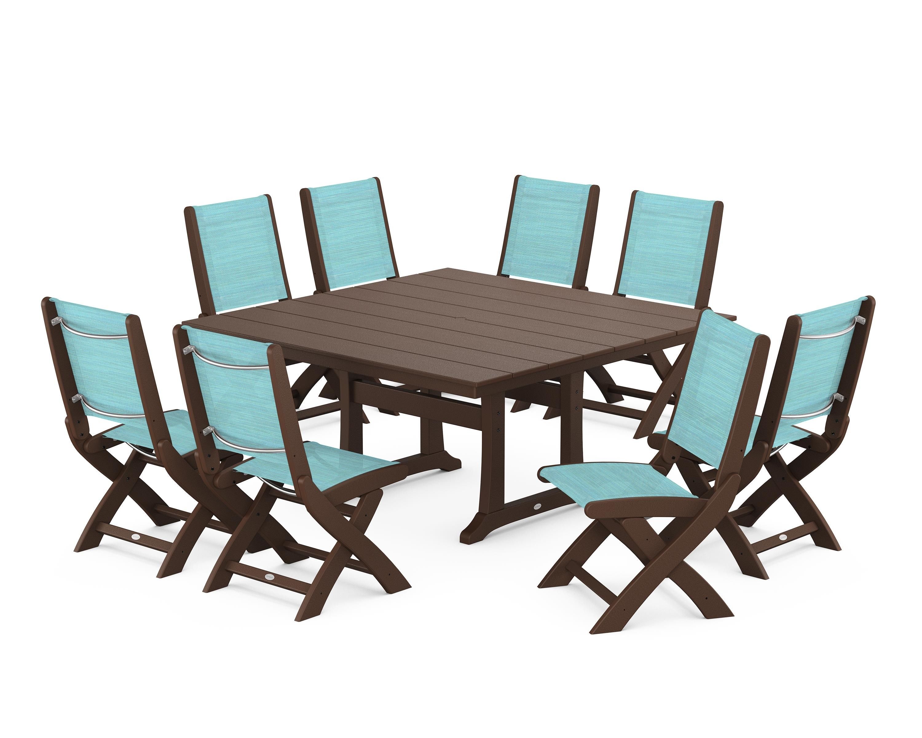 POLYWOOD® Coastal Folding Side Chair 9-Piece Farmhouse Dining Set in Mahogany / Dupioni Aquamarine Sling