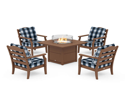 Draper James™ by  POLYWOOD® Savannah 5-Piece Deep Seating Set with Fire Pit Table in Teak / Buffalo Plaid Marine Indigo
