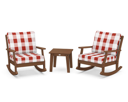 POLYWOOD® Braxton 3-Piece Deep Seating Rocker Set in Teak / Buffalo Plaid Crimson