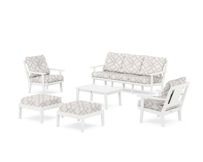 POLYWOOD® Prairie 6-Piece Lounge Sofa Set in White / Trellis Dune Burlap