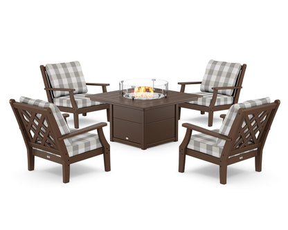 Country Living Wovendale 5-Piece Deep Seating Set with Fire Pit Table in Mahogany / Buffalo Plaid Grey Mist