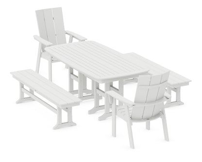 POLYWOOD® Modern Curveback Adirondack 5-Piece Dining Set with Benches in White