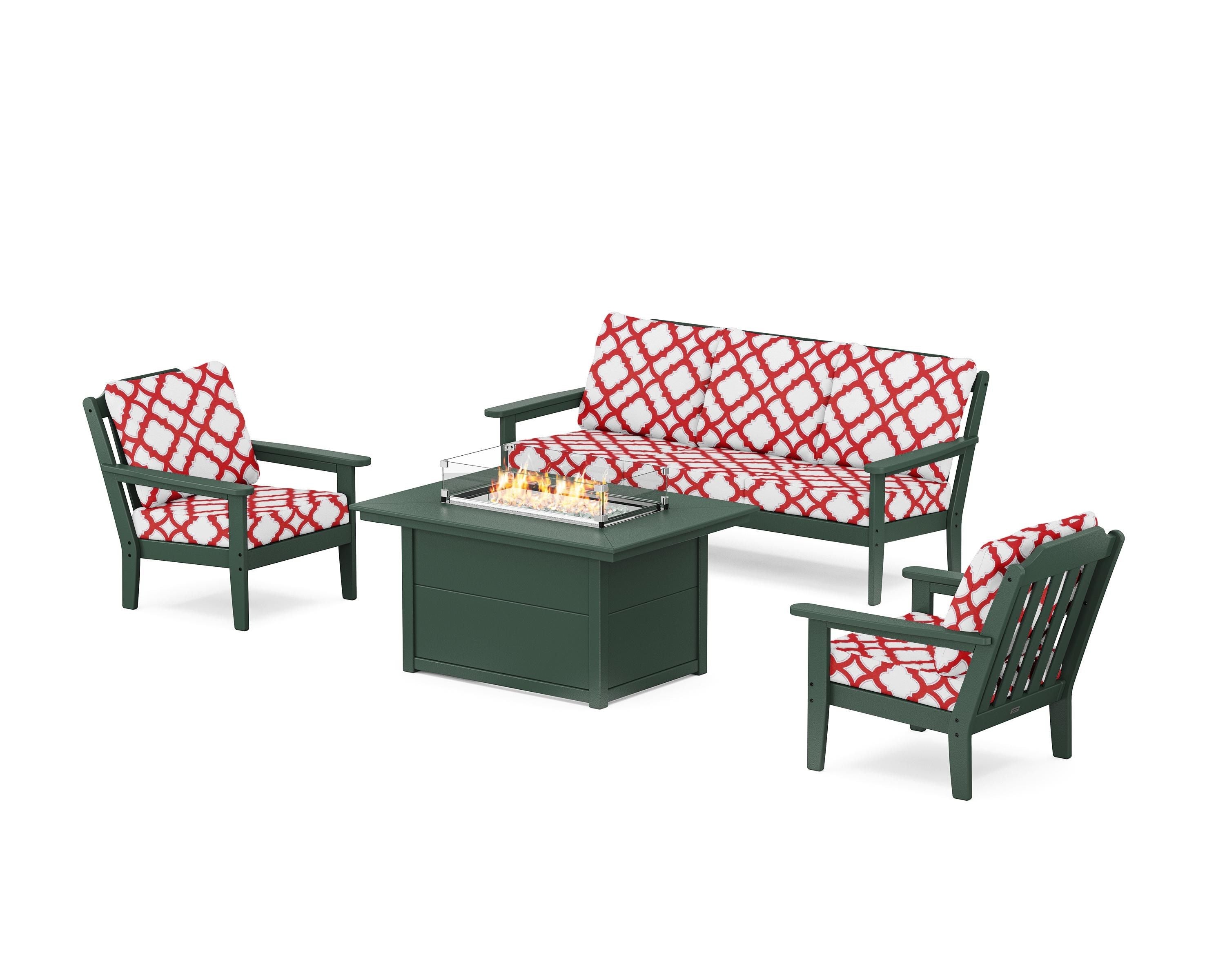 Country Living Cottage Deep Seating Fire Pit Table Set in Green / Trellis Crimson