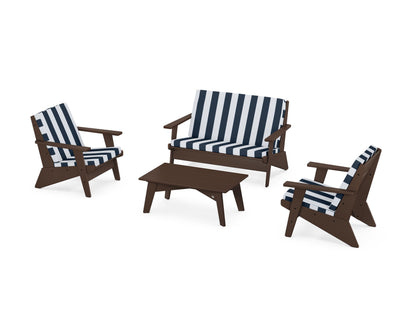 POLYWOOD® Riviera Modern Lounge 4-Piece Set in Mahogany / Cabana Stripe Marine Indigo