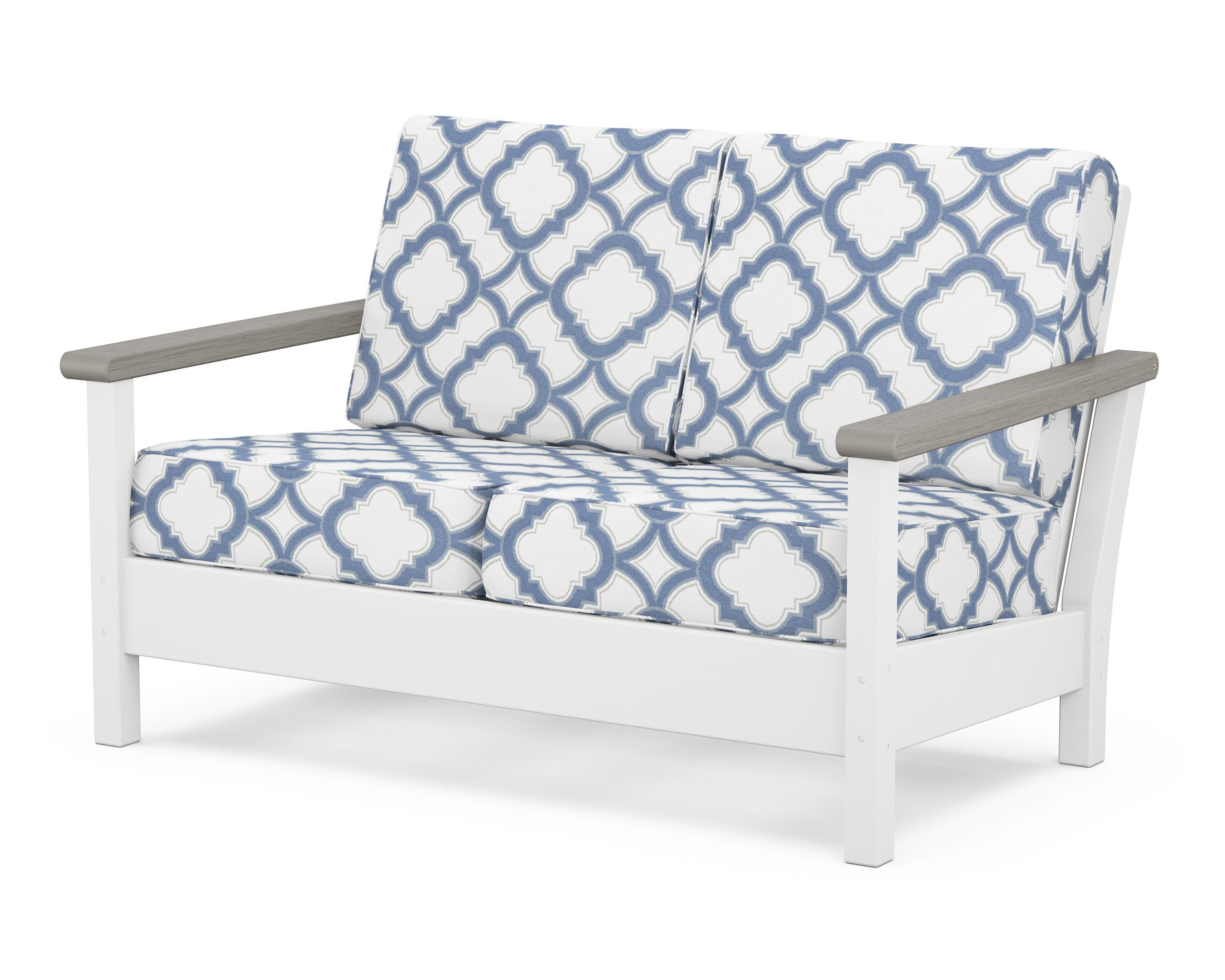 POLYWOOD® Harbour Deep Seating Loveseat in White / Driftwood / Trellis Sky Blue