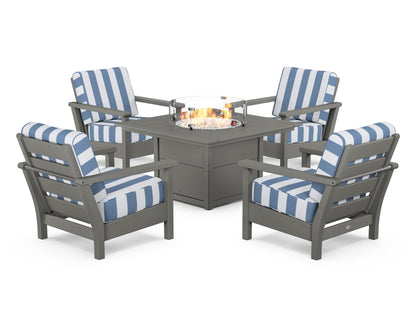 POLYWOOD® Harbour 5-Piece Conversation Set with Fire Pit Table in Slate Grey / Cabana Stripe Sky Blue