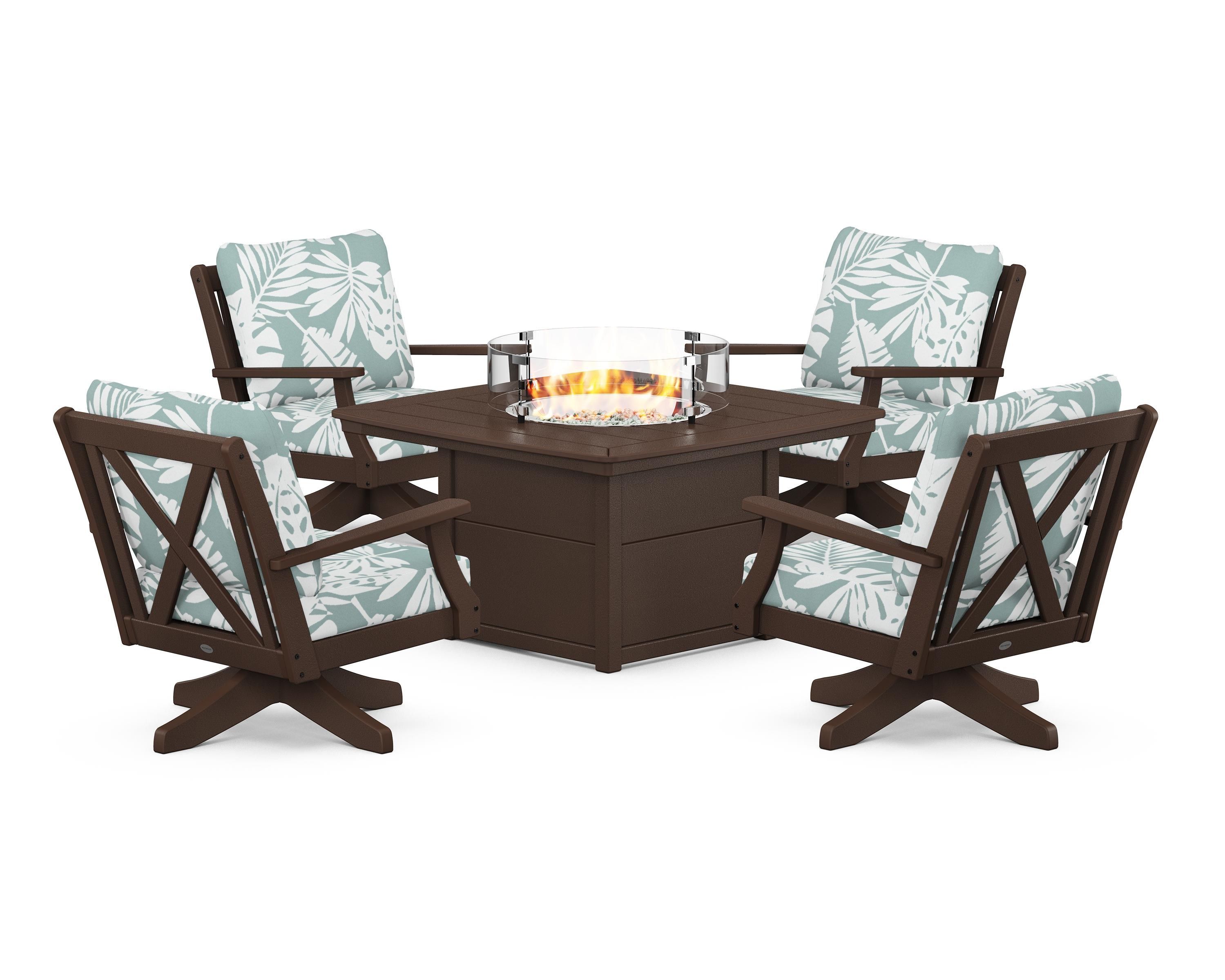 POLYWOOD® Braxton 5-Piece Deep Seating Swivel Conversation Set with Fire Pit Table in Mahogany / Leaf Glacier Spa