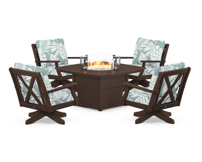 POLYWOOD® Braxton 5-Piece Deep Seating Swivel Conversation Set with Fire Pit Table in Mahogany / Leaf Glacier Spa