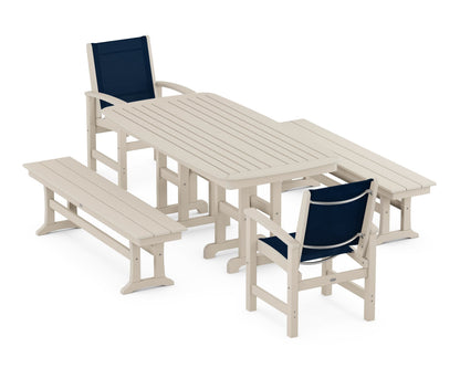 POLYWOOD® Coastal 5-Piece Dining Set in Sand / Navy Blue Sling