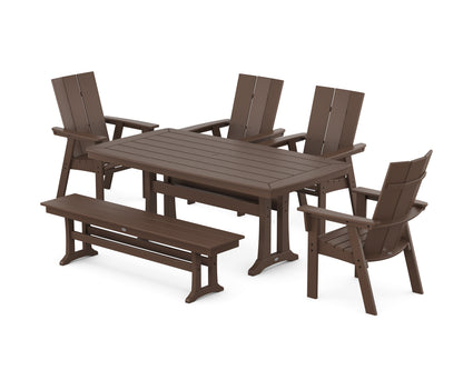 POLYWOOD® Modern Curveback Adirondack 6-Piece Farmhouse Dining Set with Trestle Legs and Bench in Mahogany